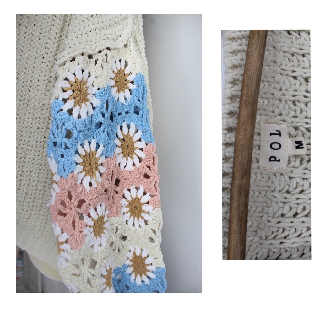 POL EUC Beige Chenille Oversized Granny Square Crochet Sleeves Sweater Medium - Picture 5 of 13